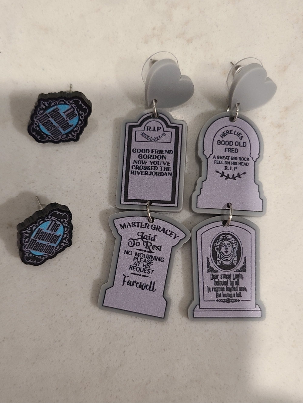 Lot Of Haunted Mansion Earrings - Tombstone Dangle with Heart Posts, Logo Posts